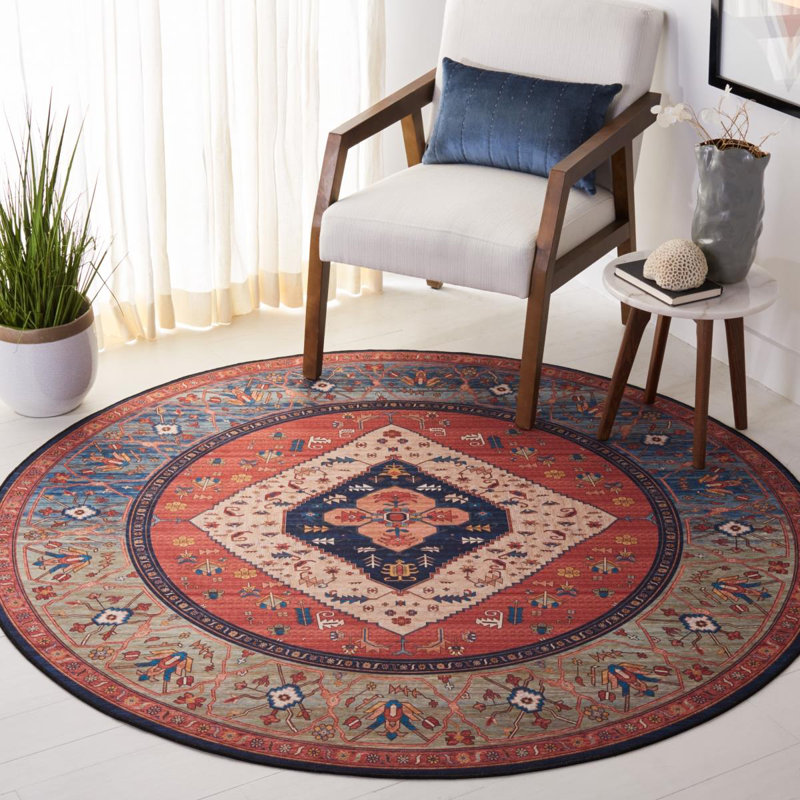 Tucson Heirloom Machine Washable Non-Slip Area Rug In Rust & Blue, Round 122cm