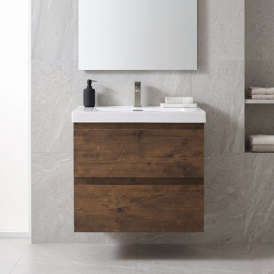 Meuble-lavabo suspendu de 61 cm (24 po) en mélamine en bois avec lavabo intégré en résine, armoire de salle de bain en palissandre avec tiroirs à fermeture douce et poignées effacées
