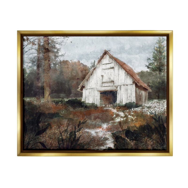 «Quiet Woodland Cabin Landscape» par Nina Blue, H 17 po x l 21 po x P 1,7 po, Cadre flottant métallique doré