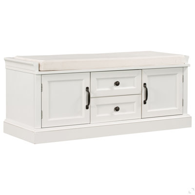 Storage Bench With 2 Drawers And 2 Cabinets, Shoe Bench With Removable Cushion For Living Room, Entryway