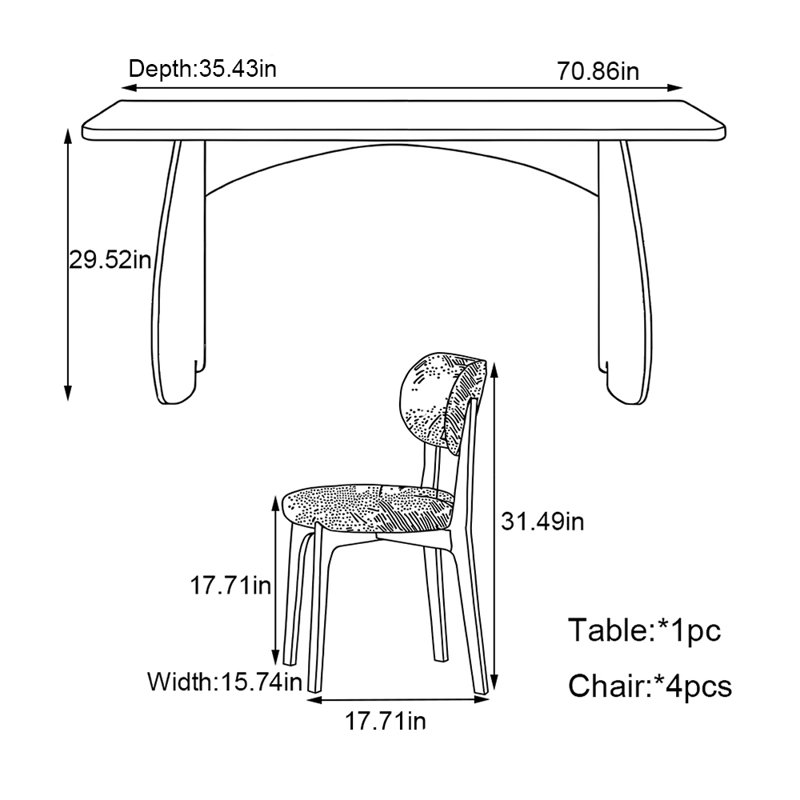 Small rectangular simple modern meal table set, 29.52"H x 70.86"L x 35.43"W