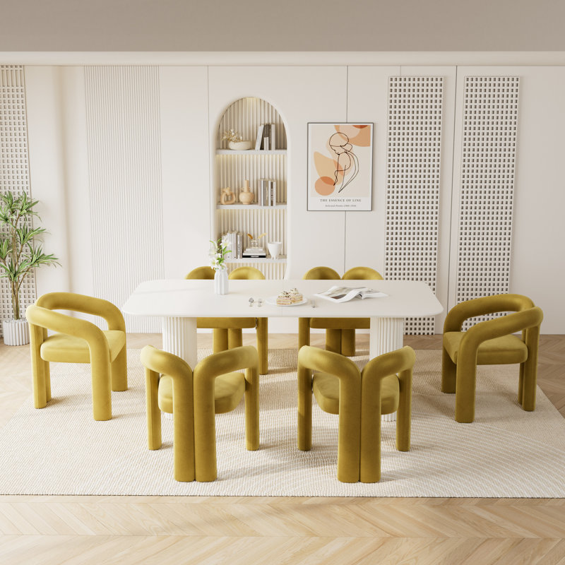 Modern Double Pedestal Dining Table Set, Olive green, 7