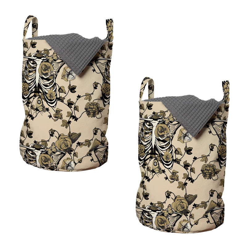 Red Barrel Studio® Gothic Laundry Bag 2-Pack Ribcage Fall Roses Butterfly 13"x19" Pale Mustard Dark Tan