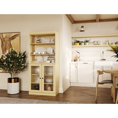 100% Solid Wood 32" Pantry Cabinet with Frosted Glass Doors and Adjustable Shelves by Latitude Run