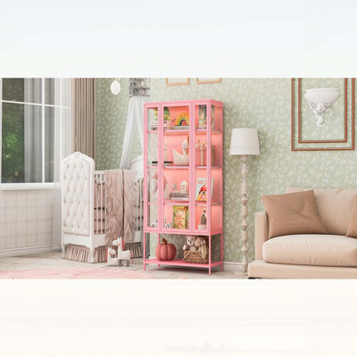 67.25'' Tall Iron Display Cabinet with Glass Door and LED Lights for Collectibles, Figures, and Trophies - Ideal for Home and Office Decor