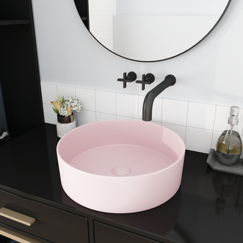 Ceramic Circular Vessel Bathroom Sink Art Sink with Stylish Design, Pink