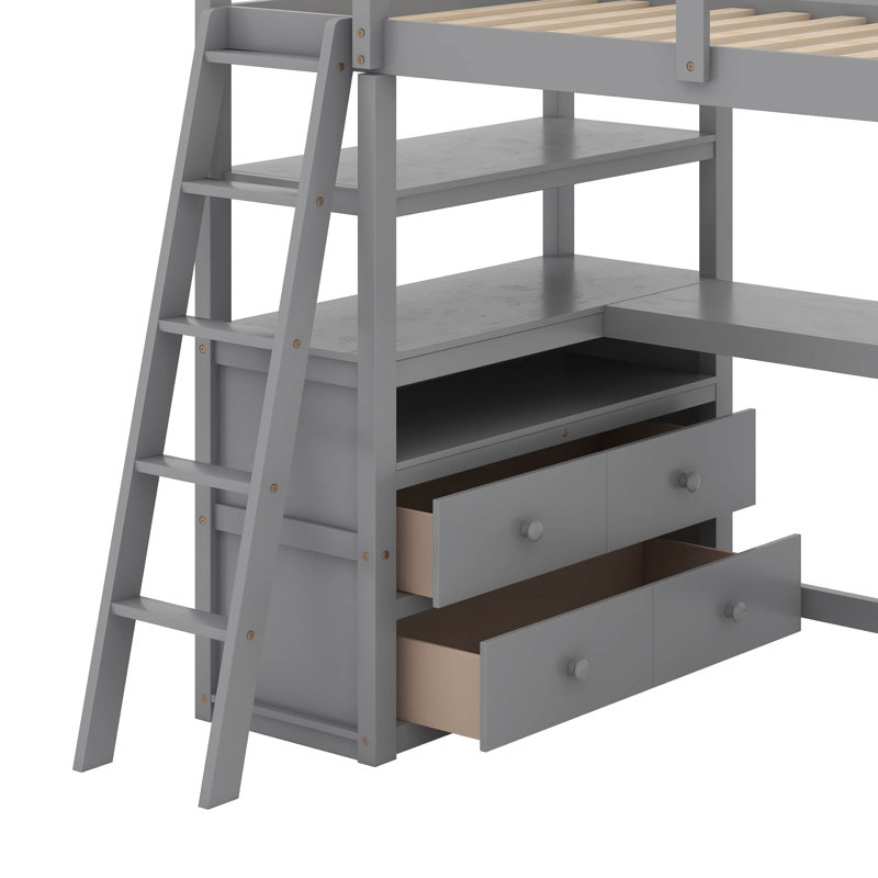 Lit mezzanine simple avec bureau et tablettes, Gris