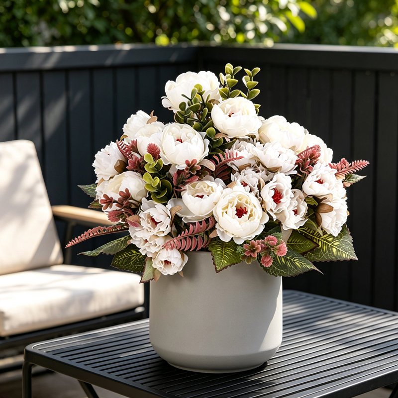 Ensemble de 3 bouquets de pivoines artificielles avec verdure pour décoration de mariage, White