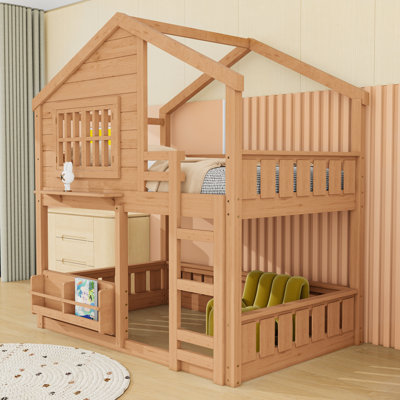 Wood Bunk Bed with Bookshelf and Guardrails