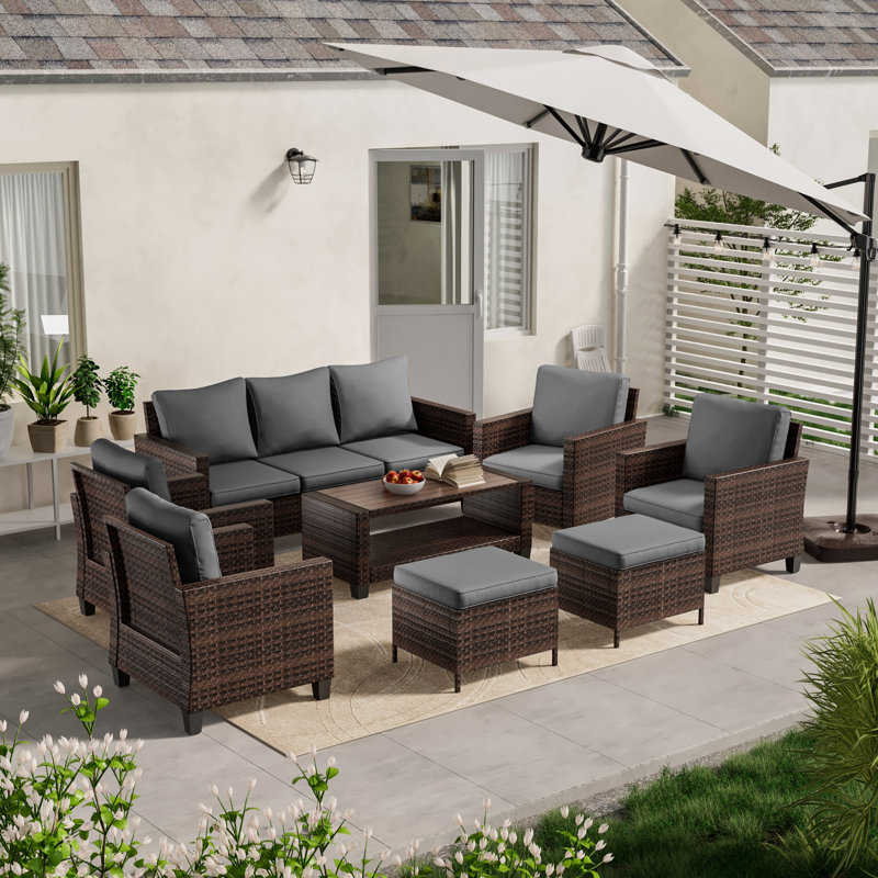 Delreal Wicker 7 - Person Patio Conversation Set with Cushions, Brown, Gray