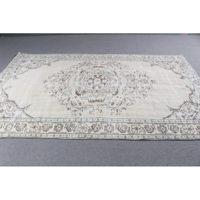 Large Beige Turkish Anatolian Rug with Tassels Ideal for Dining Room Design in Vintage Wool and Boho Style