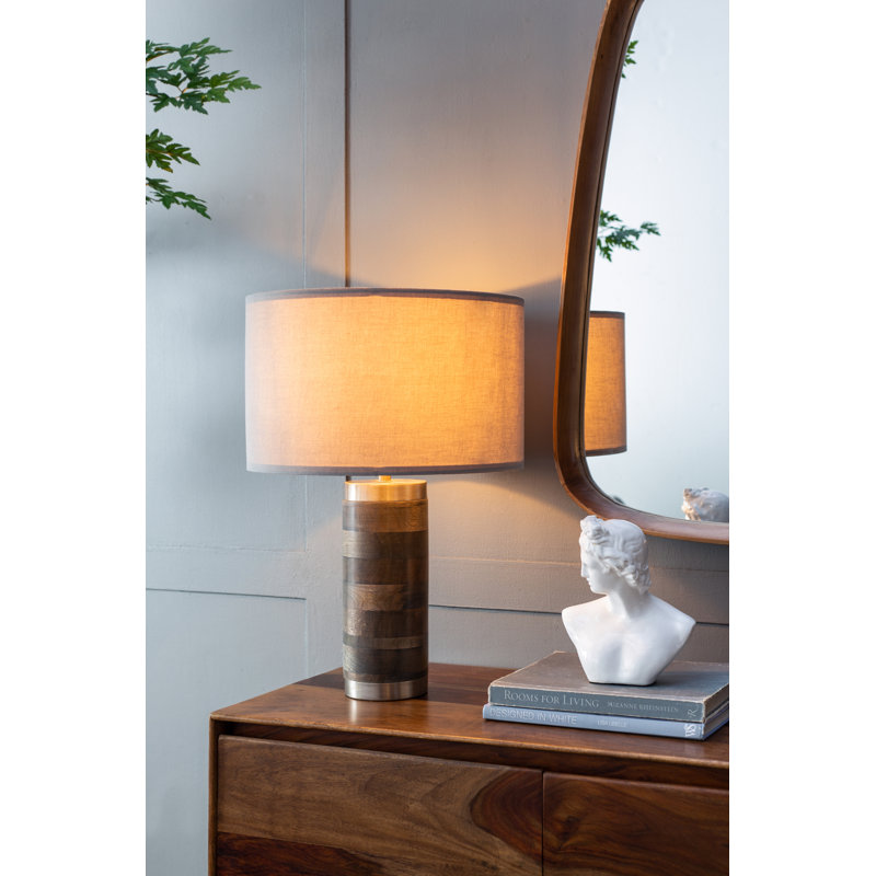 Gray and Silver Brushed Table Lamp with Mango Wood Base - 16"Dia. x 23" - Gray, Silver