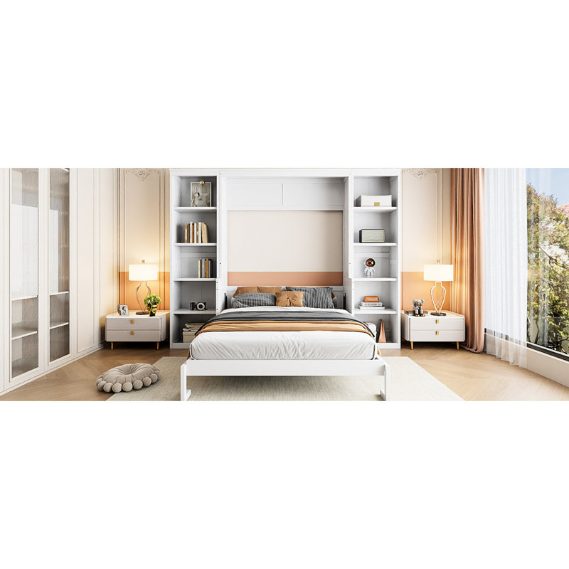 Lit double avec bureau et bibliothèque en blanc - Bibliothèque robuste et spacieuse, Lit double