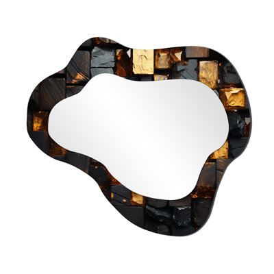 «Grunge Gold Cubes Abstract Geometric III - Geometric Cloud Unique Mirror», grand miroir mural asymétrique doré, impression sur métal