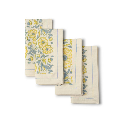Ensemble de 4 serviettes en coton imprimées à la main, blé Bloom, 18 po x 18 po