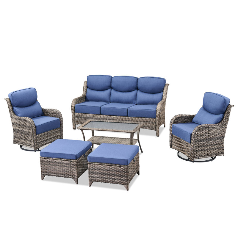 Ensemble d'extérieur en osier 7 personnes avec chaises pivotantes Smilario, coussins épais de 6 po inclus, Bleu, Gris
