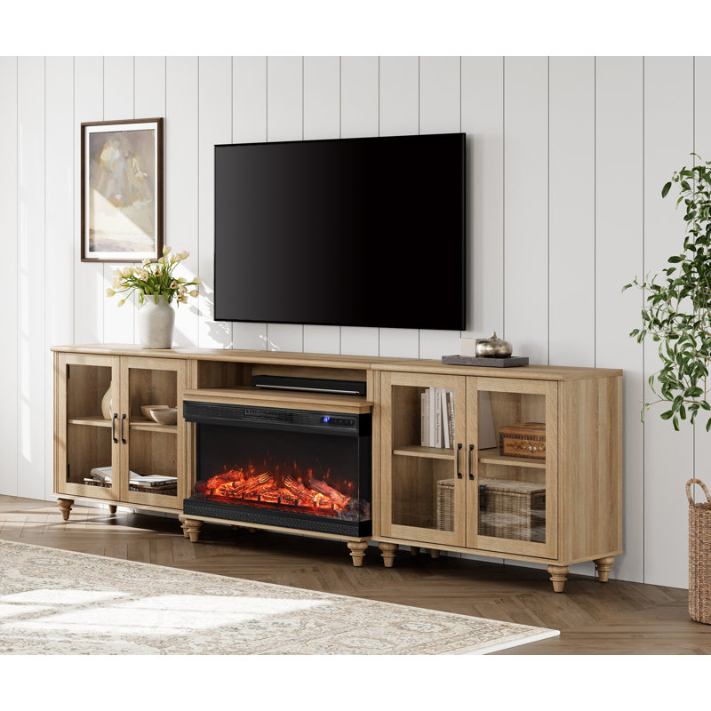 Scarlett TV Stand With 36" Electric Fireplace For Tvs Up To 100'', Home Entertainment Center With 4 Glass Doors For 75/80/85/90 Inch TV