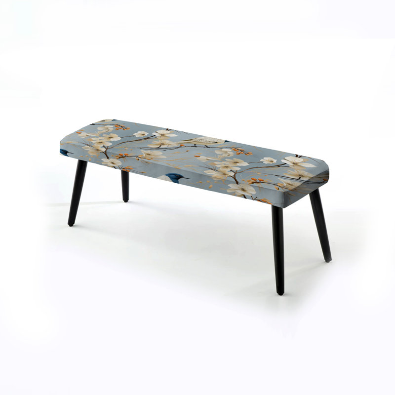 Minimalist Blue And White Bird Paradise - Floral Upholstered Black Bench