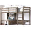 Lit mezzanine simple au-dessus d'un poste de travail moderne avec boîte de rangement attachée et bibliothèque, gris chaud