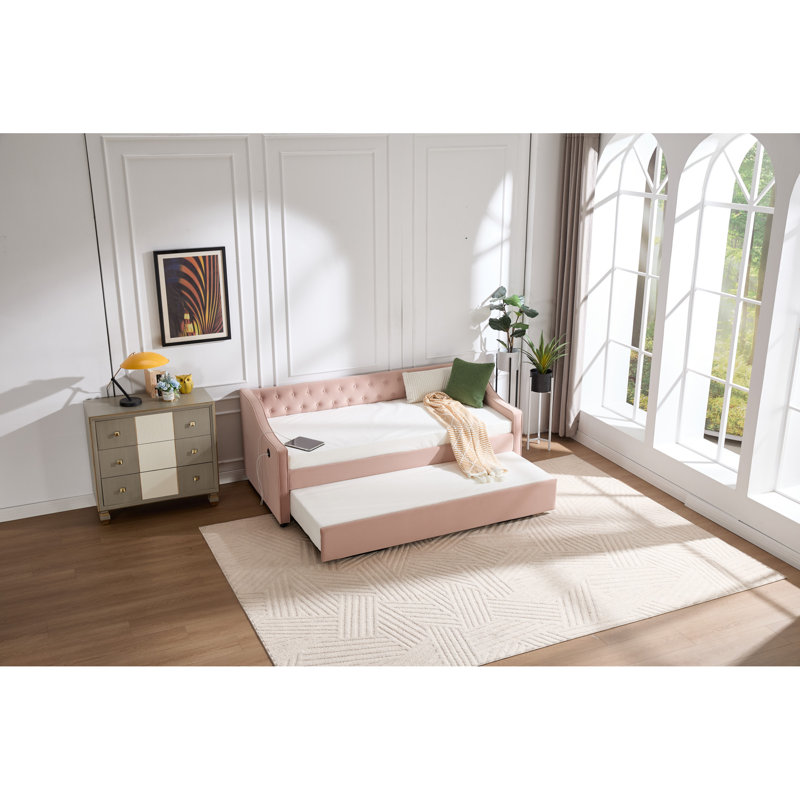  Lit de jour simple avec couchette, cadre rembourré avec ports de charge USB et dossier à boutons, velours, rose, Rose