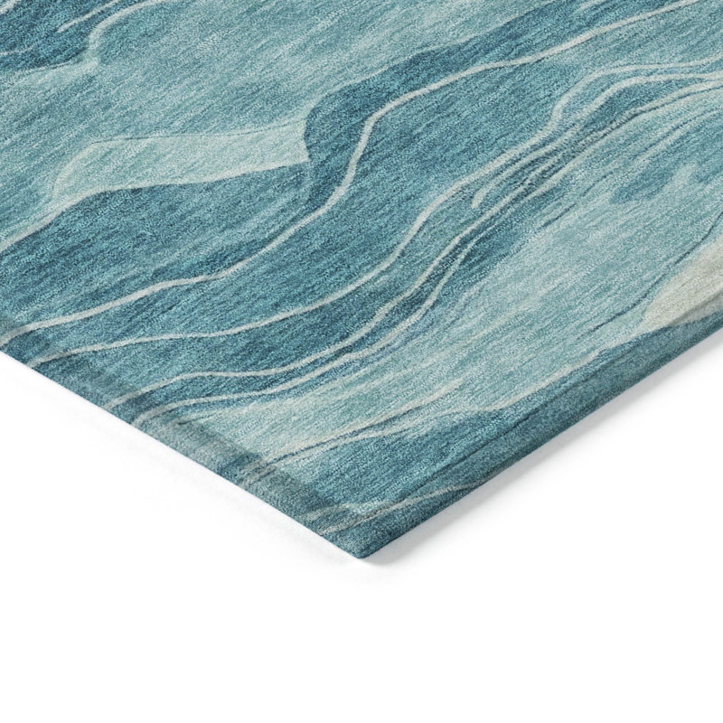 Turquoise and Blue Synthetic Flat Woven Washable Rug