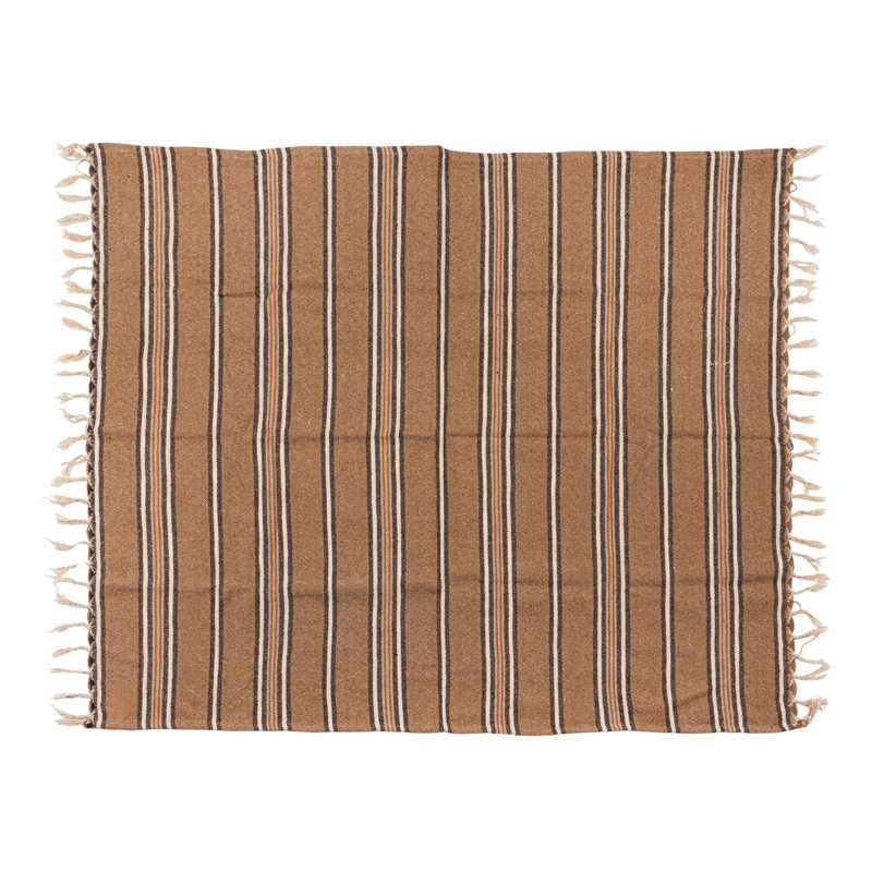 Cotton Blend Throw With Stripes And Fringe