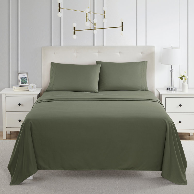  Ensemble de draps double brossé de luxe pour hôtel avec draps et taies d'oreiller très doux, Très grand séparé, Vert olive