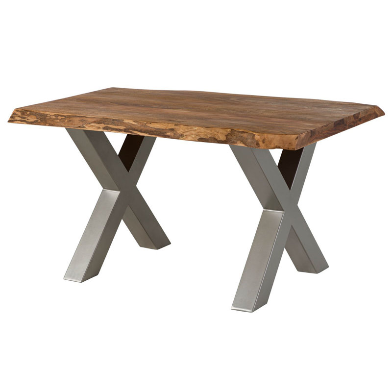 Solid Wood Top Metal Base Dining Table, Nature, Silver, 77 cm H x 160 cm L x 90 cm D