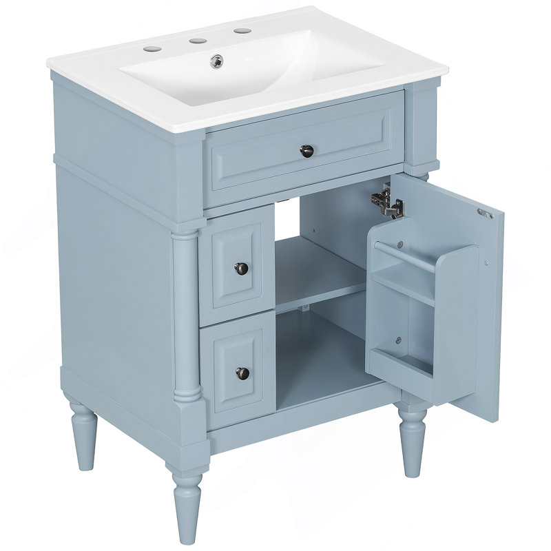 Bathroom Vanity With Sink, Freestanding Bathroom Cabinet With Flip Drawer, Adjustable Shelf, Blue/Gray, 24"
