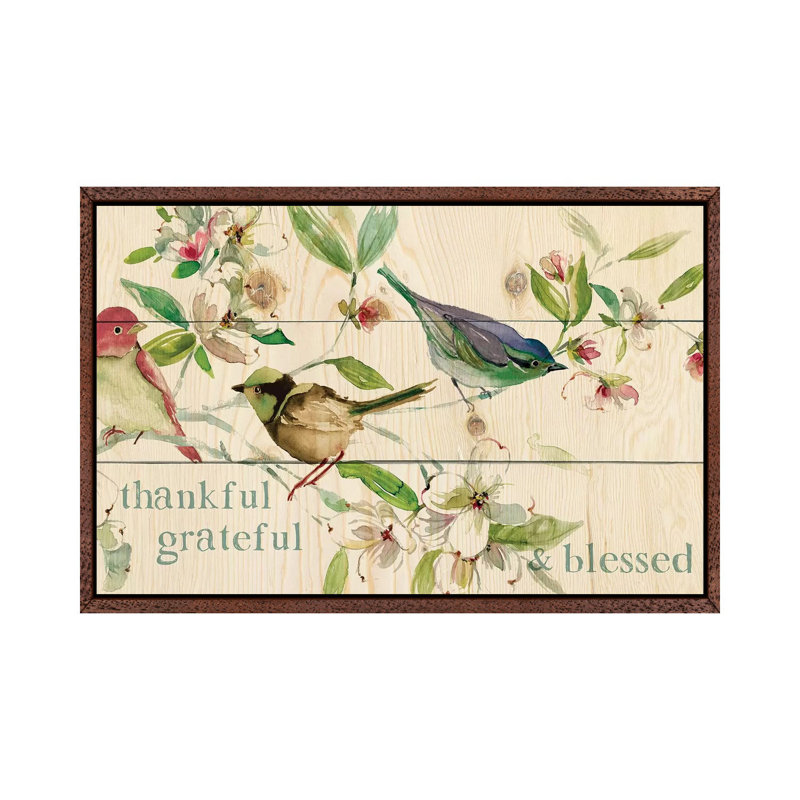 Grateful Thankful Blessed Birds by Carol Robinson - Painting on Canvas, Classic Brown Wood Framed, 101.6 cm H x 66.04 cm W