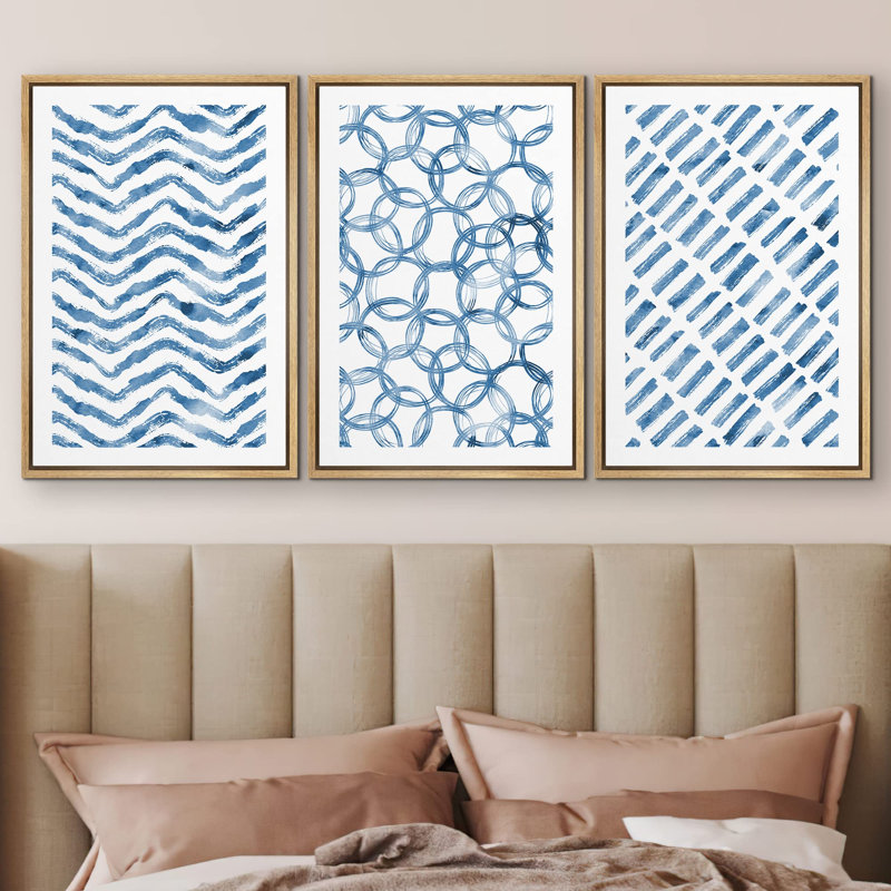 Linear Geometry " Blue Watercolor Polygon Geometry Abstract Shapes Geometric Mid Century Modern Art Boho Decor " 3 - Pieces