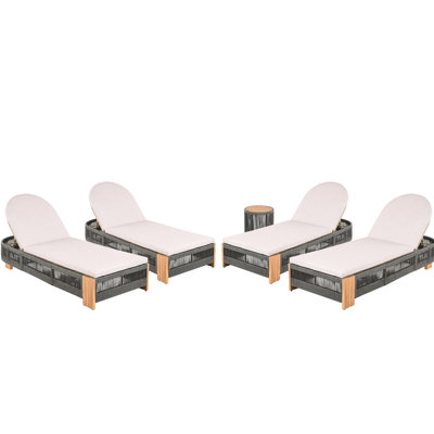 Outdoor Rope Chaise Lounge With Look Wood, Beige Cushions, And Compact Design Poolside Low - Maintenance Features, Stable Surface