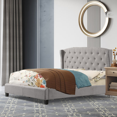 Upholstered Wingback Platform Bed, Bed Frame with Nailhead Trimmed Wingback and Button-Tufted