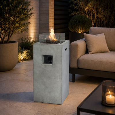 Teamson 42cm Gas Fire Pit Column with Glass Wind Guard, 40,000 BTU Propane Heater, Lava Rocks, PVC Cover & Piezo Ignition