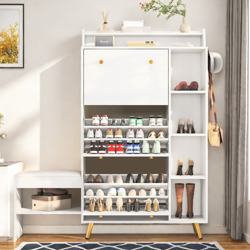 Shoe Storage Cabinet With Bench, Free Standing Shoe Rack With 3 Flip Drawers, White