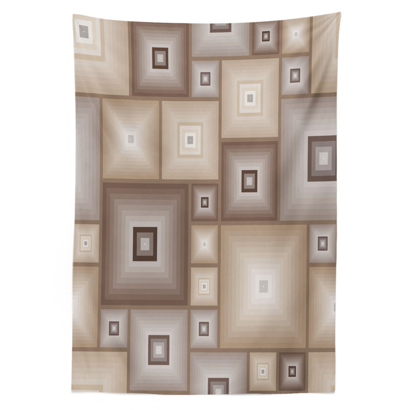 Geometric Tablecloth, Various Cubic And Square Form Pattern Design Vintage Style Retro Graphic Print, Rectangular Table Cover For Dining Room Kitchen Decor, 60" X 84", Brown Cream
