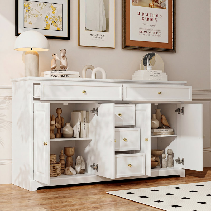 Buffet l 59,1 po avec 5 tiroirs et 4 portes, Blanc