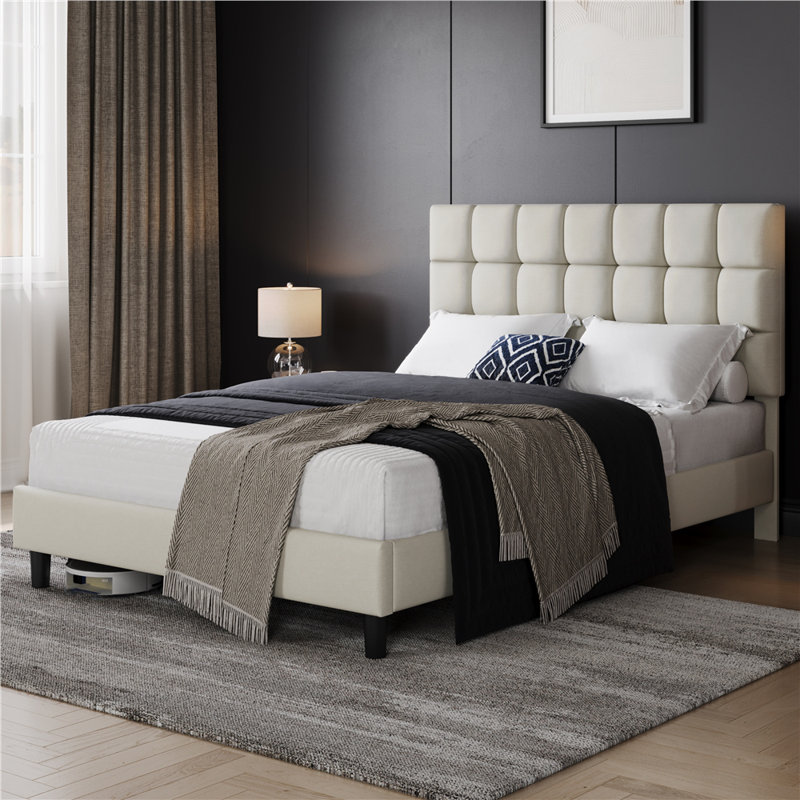 Size Modern Upholstered Bed Frame with Adjustable Square Tufted Headboard, Beige, Kingsize (5')