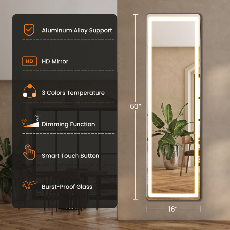 3 Color Lighting Mirror with LED Lights, Lighted Floor Standing Mirror with Stand, 59.8" x 15.7" 