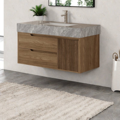 Meuble-lavabo mural 36 po avec plateau en pierre frittée, tiroirs et rangement pour armoire