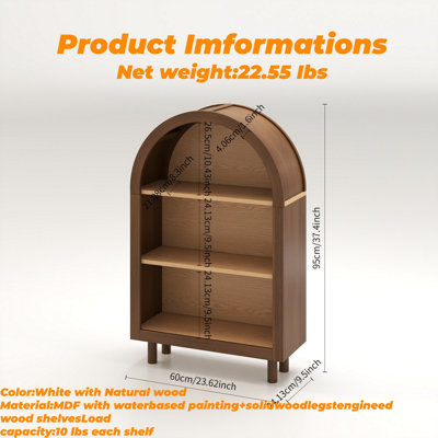 Modern Arched Top Bookcase, Walnut Wood Storage Cabinet with 3 Shelves and Glaze Finish for Living Room, Bedroom, Entryway