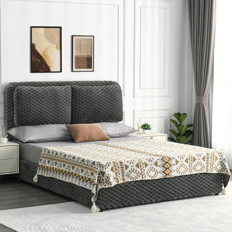 Cloud Bed Frame, Soft Bed Frame with 2 Pillow Headboard, Faux Fur Plush Upholstered Platform Bed Frame, Gray, Full / Double
