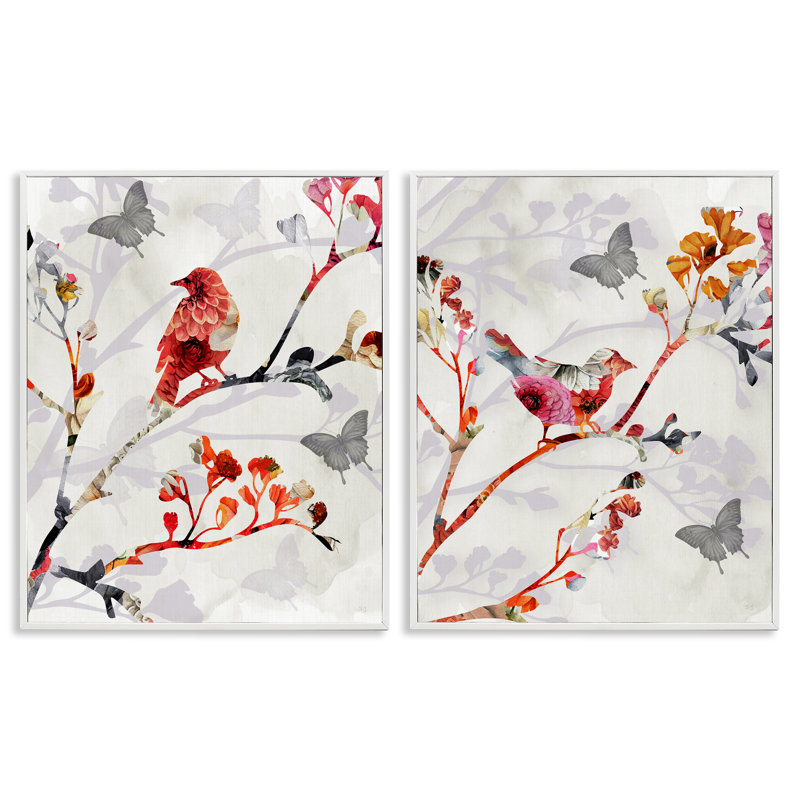 «Flower Birds on Branch», ensemble de 2 estampes numériques encadrées par Susan Jill, Giclée encadrée blanc bord de mer