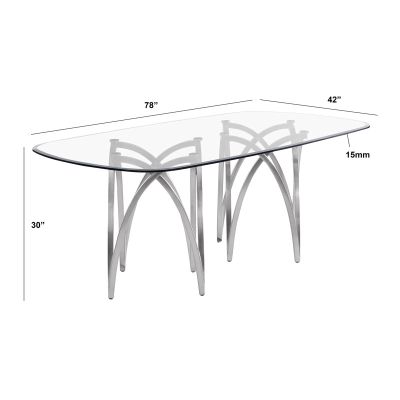 Table de salle à manger élégante en verre trempé, H 30 po x L 78 po x l 42 po, Argent argent