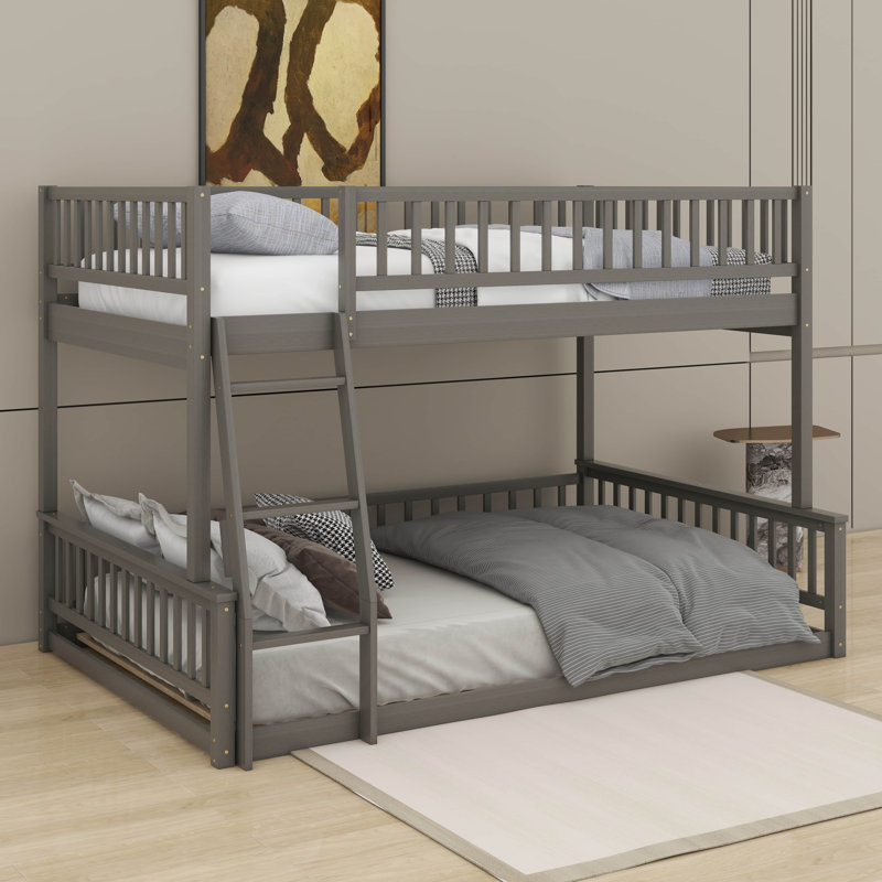 Full XL Over Queen Bunk Bed With Guardrails And Ladder, Gray