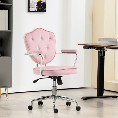 Mignon fauteuil de bureau rose à roulettes - tissu velouté à boutons, inclinable et réglable en hauteur, avec roulettes et dossier en velours pivotant avec strass, hauteur du siège