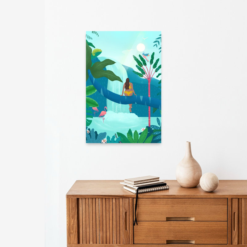 Jungle Girl Abstract Palm Tree Bird Flamingo Forest Landscape Wall Art Print, 60.96cm H x 40.64cm W
