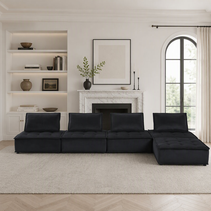 Canapé modulaire en velours noir avec repose-pieds 5 pièces