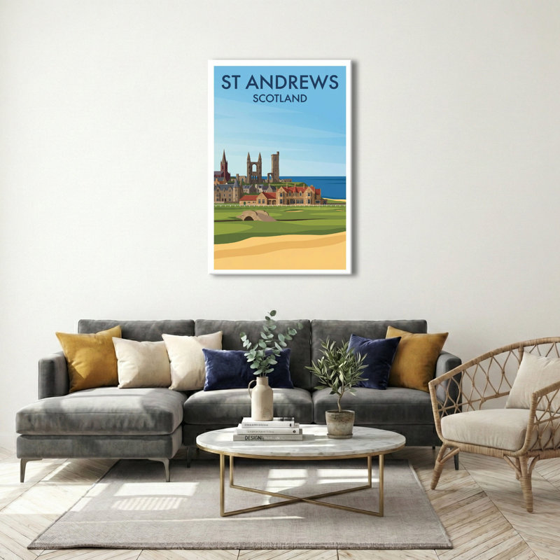 St Andrews, Scotland - Romantic Coastal Travel Poster Of Cathedral Ruins And Old Course. Giclee Print On Wrapped Canvas. Wall Art, Home Decor - Cities & Towns, Scotland - Wrapped Canvas Print