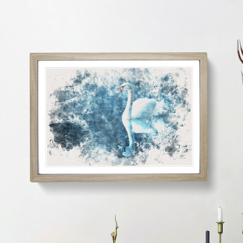 White Swan on a Blue Lake Watercolour - Picture Frame Graphic Art Print on MDF, 36cm H x 48cm W x 2cm D, Oak Framed